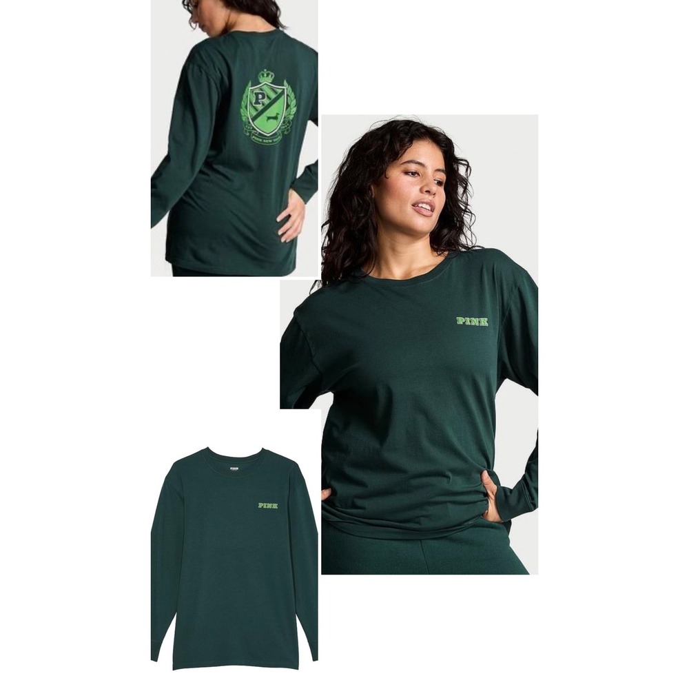 Victoria's Secret PINK Long Sleeve T-Shirt Green Crest Logo XL Womens